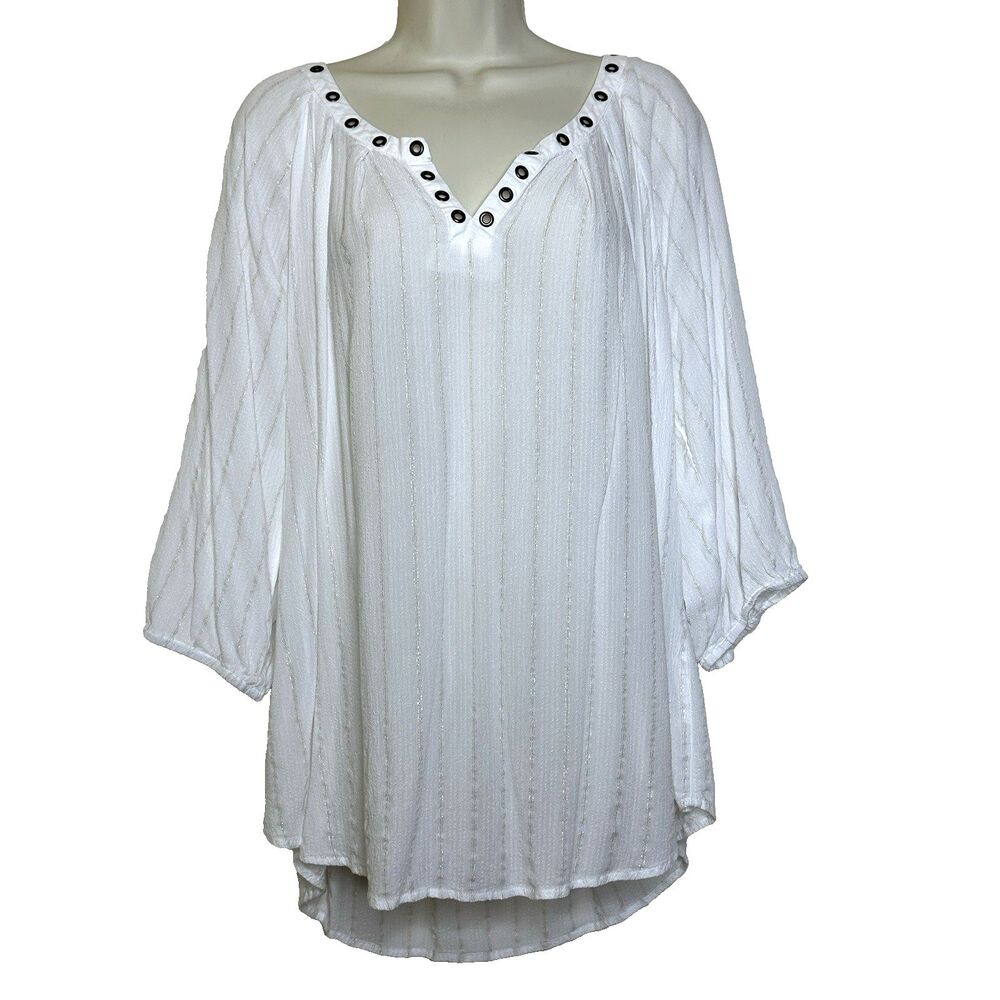 Torrid White Metallic Silver Stripe Grommet 3/4 Sleeve Tunic Top Women's Plus 2
